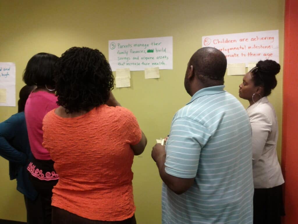  A group of practitioners gathers around a wall of notes, actively brainstorming during a 2Gen Theory of Change convening in Atlanta, Georgia.
